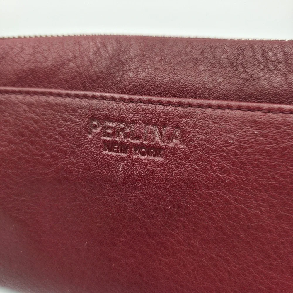 Perlina New York Burgundy Leather Zip Around Wallet Leopard Print Interior